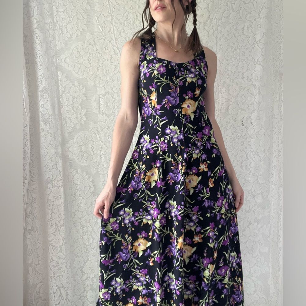 Vintage 80s All That Jazz Black Floral Midi Dress Crisscross Back Size 7/8 - Picture 12 of 16